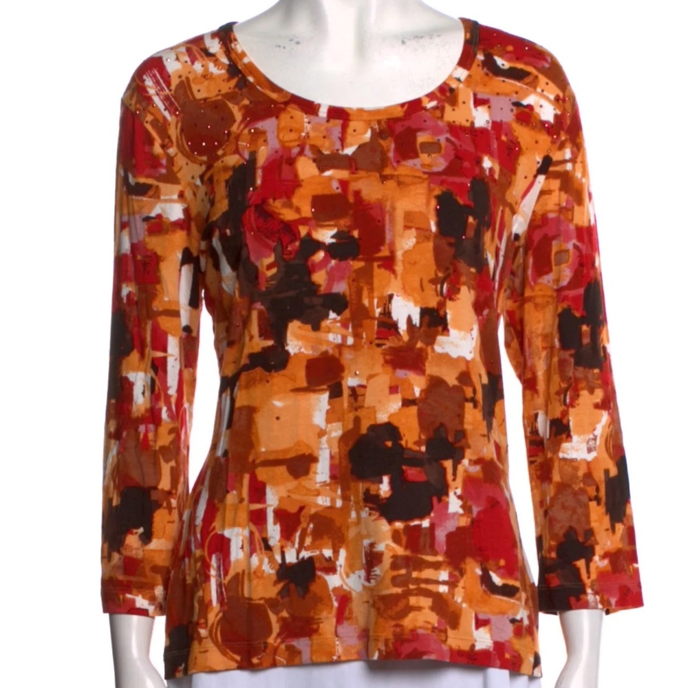 St. John Sport Printed Scoop Neck Blouse - Red Tops, Clothing